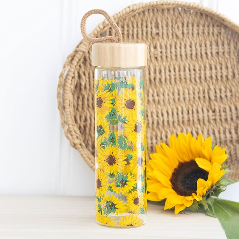Sunflower Print Glass Water Bottle - 600ml Capacity, Bamboo Lid and Portable Design