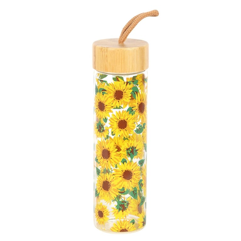 Sunflower Print Glass Water Bottle - 600ml Capacity, Bamboo Lid and Portable Design