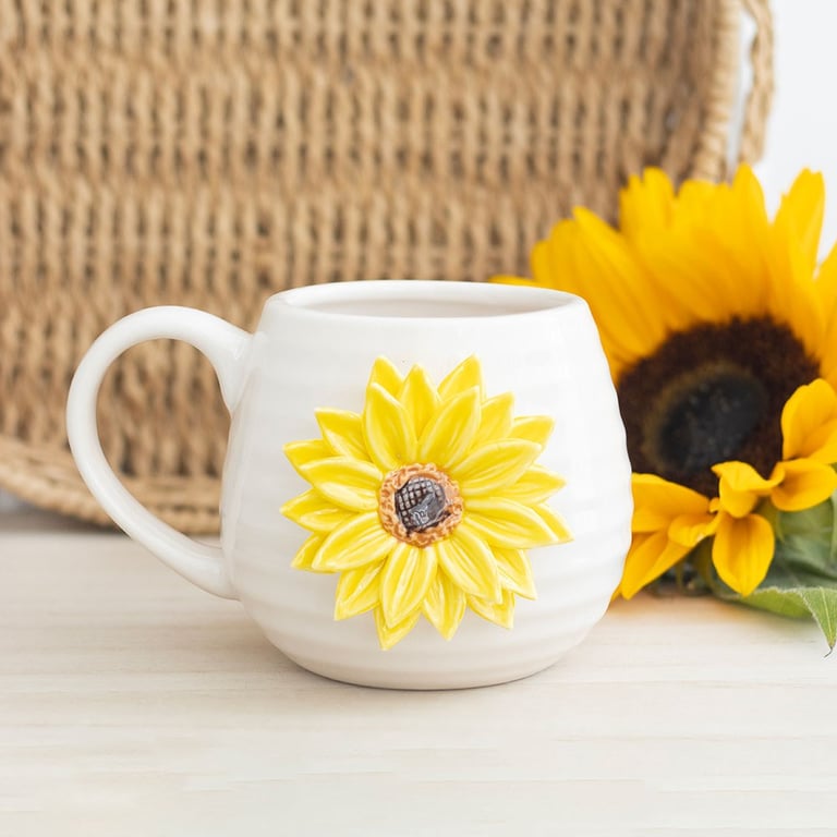Hello Sunshine 3D Sunflower Rounded Ceramic Mug - Handwash Only, Perfect Hot Drink Cup