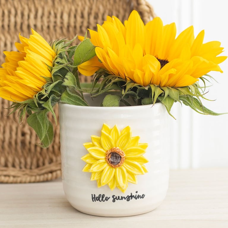Hello Sunshine Ceramic Plant Pot with 3D Sunflower Design