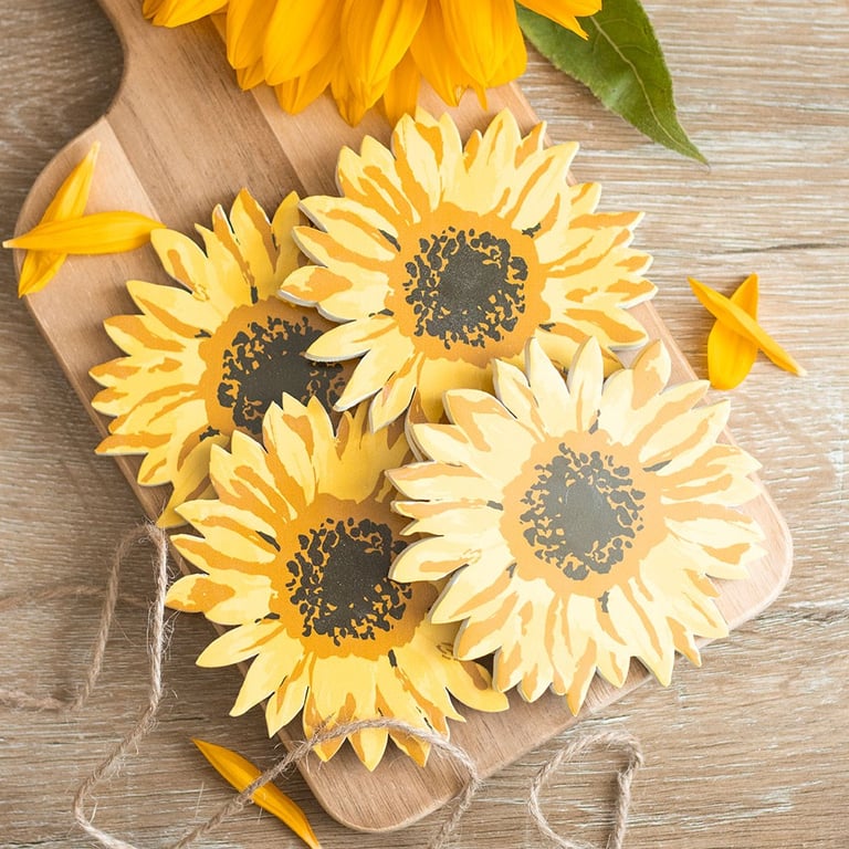 Sunflower Coaster Set - Durable MDF Summer Decor Coasters with Rustic Rope