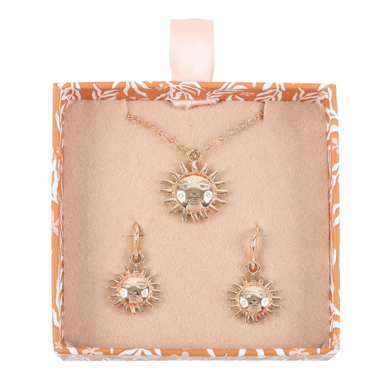 Stainless Steel Sun Earring and Necklace Set - Nickel-Free Gift Jewelry