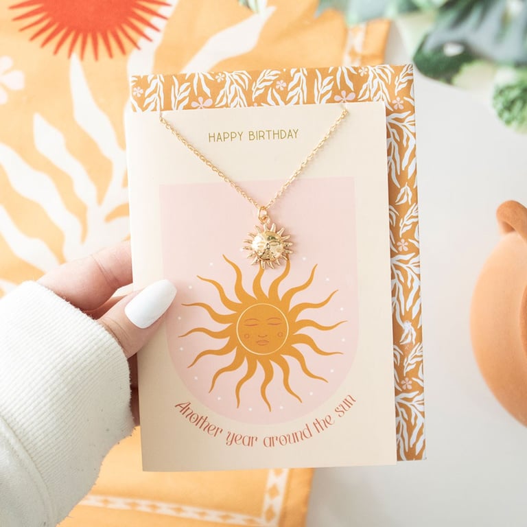 Stainless Steel Sun Necklace Set - Modern Birthday Gift with Greeting Card