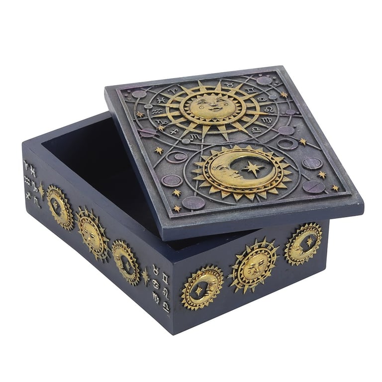 Celestial Resin Storage Box with Astrology Symbols and Gold Finish