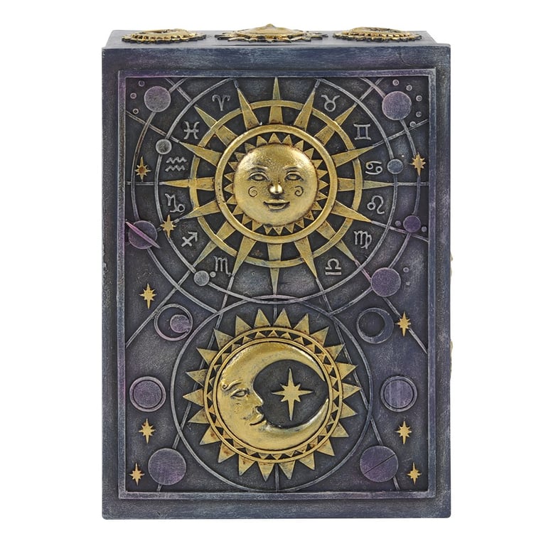 Celestial Resin Storage Box with Astrology Symbols and Gold Finish