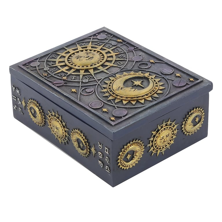 Celestial Resin Storage Box with Astrology Symbols and Gold Finish