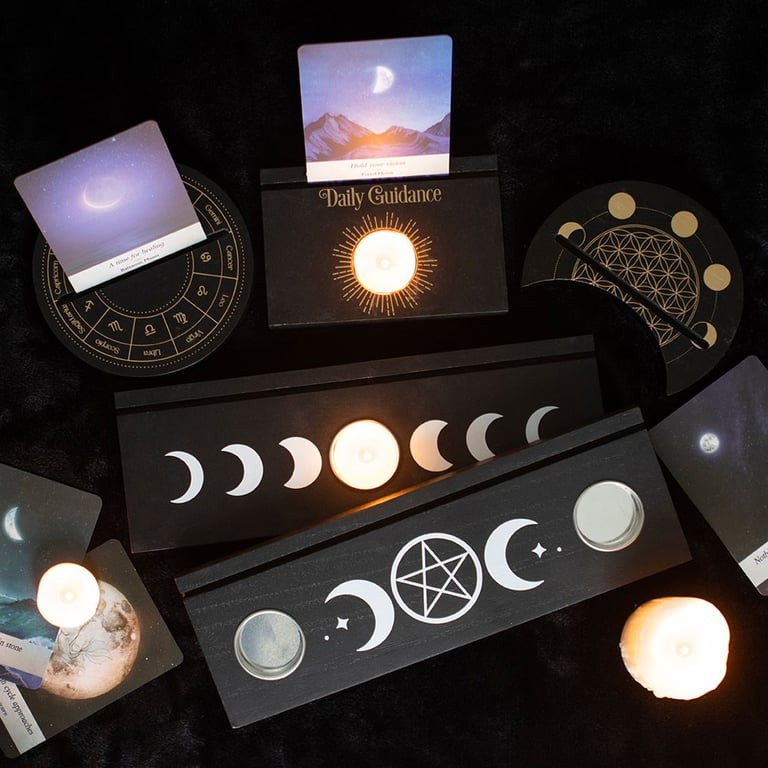Black Triple Moon Tarot Card Stand with Tealight Holder - Mystical Home Decor