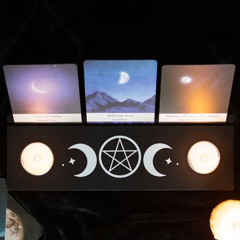 Black Triple Moon Tarot Card Stand with Tealight Holder - Mystical Home Decor
