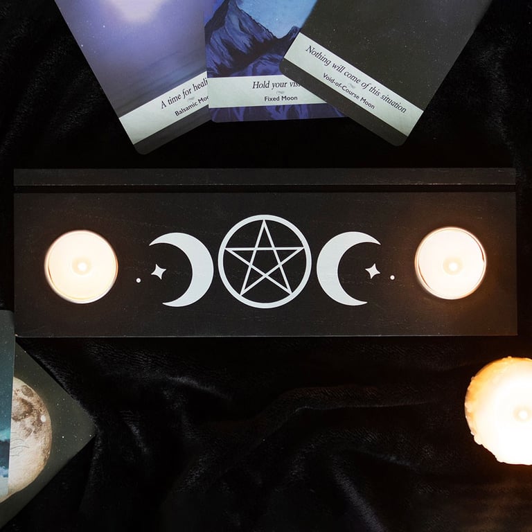 Black Triple Moon Tarot Card Stand with Tealight Holder - Mystical Home Decor
