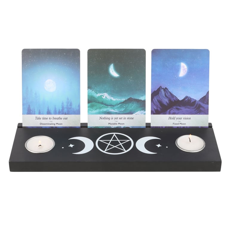 Black Triple Moon Tarot Card Stand with Tealight Holder - Mystical Home Decor