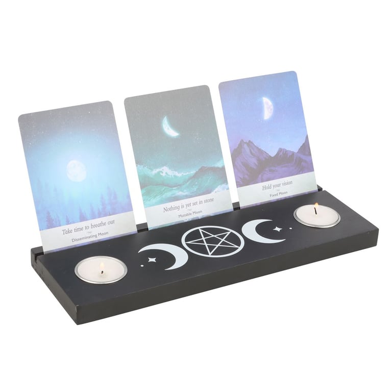 Black Triple Moon Tarot Card Stand with Tealight Holder - Mystical Home Decor