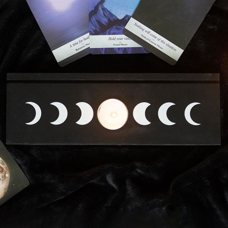 Black Moon Phase Tarot Card Stand with Tealight Holder - Ambiance and Mystical Display