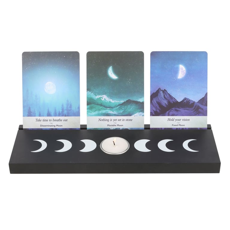 Black Moon Phase Tarot Card Stand with Tealight Holder - Ambiance and Mystical Display