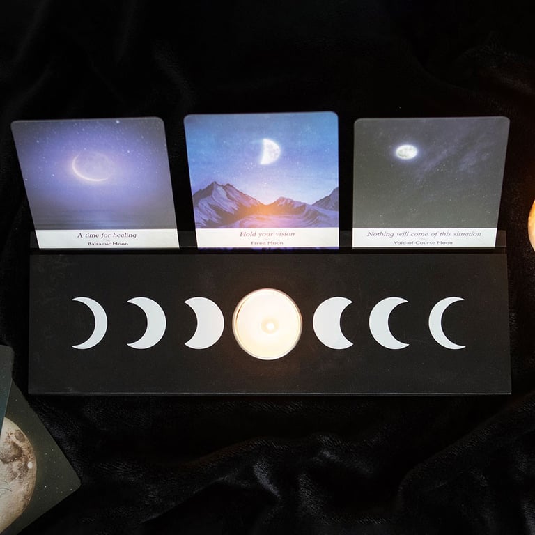 Black Moon Phase Tarot Card Stand with Tealight Holder - Ambiance and Mystical Display