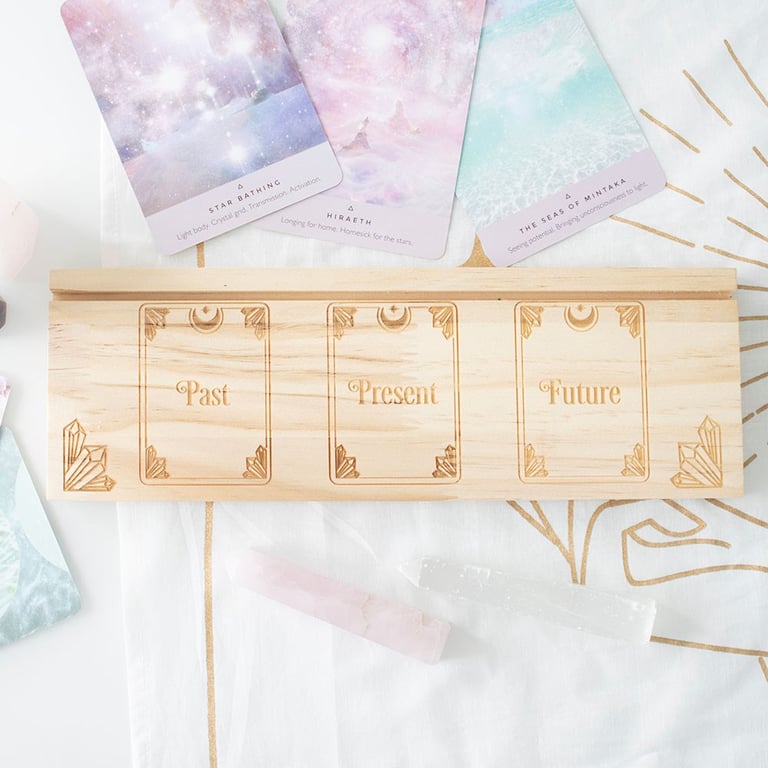 Natural Past Present Future Tarot Card Stand - Wooden Display Holder