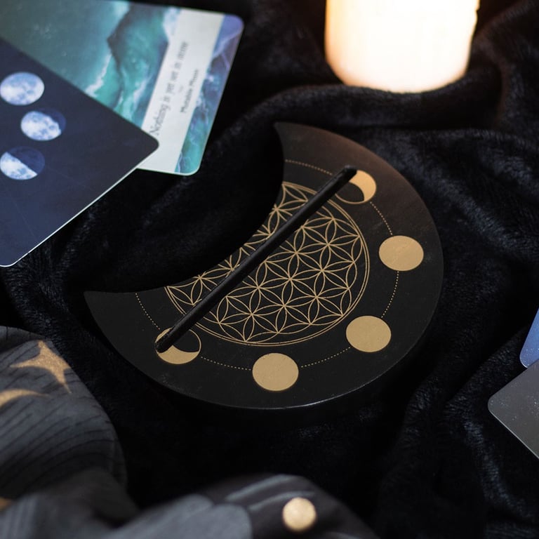 Black Flower of Life Crescent Moon Tarot Card Stand with Spiritual Significance Home Decor