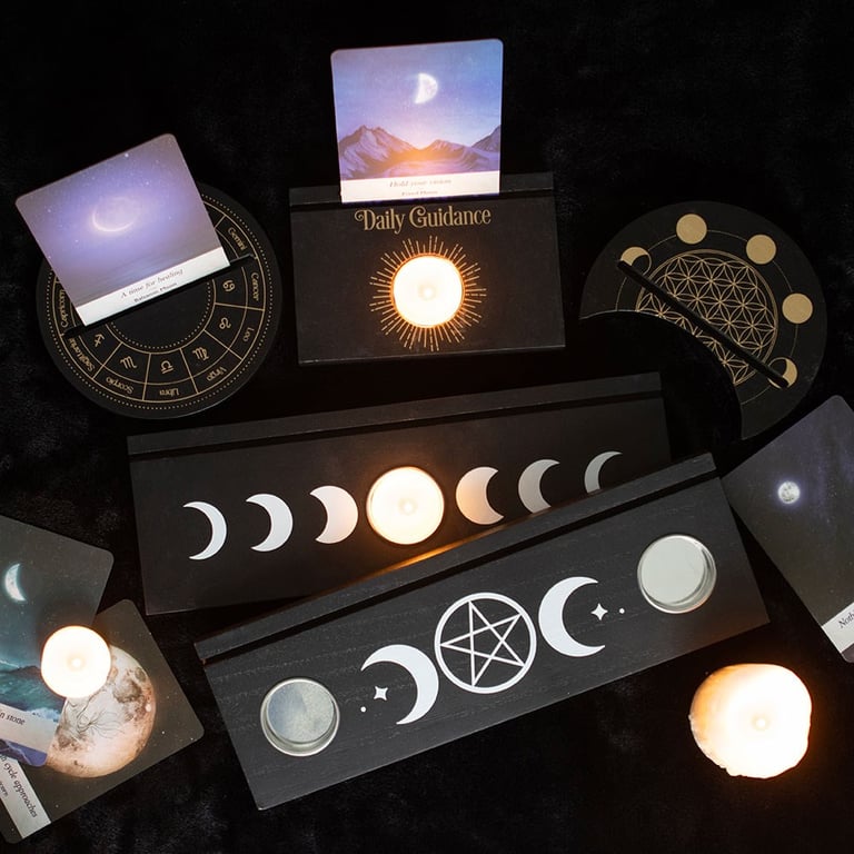 Black Astrology Wheel Tarot Card Stand - Spiritual Home Decor Display