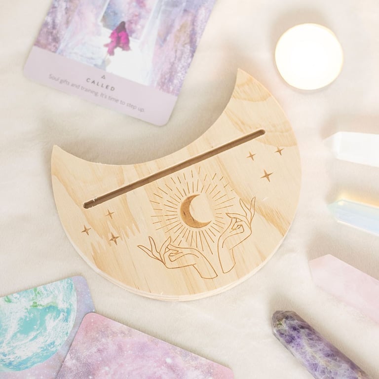 Natural Mystical Hands Crescent Moon Tarot Card Stand - Spiritual Daily Guide Display Holder