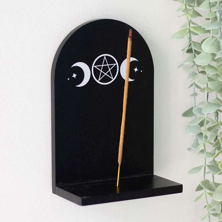 Black Triple Moon Wooden Incense Holder Shelf - Home Decor for Mystical Ambiance