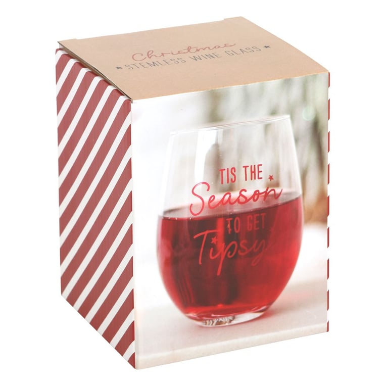 Tis the Season to Get Tipsy Stemless Wine Glass - High-Quality Holiday Party Glasses
