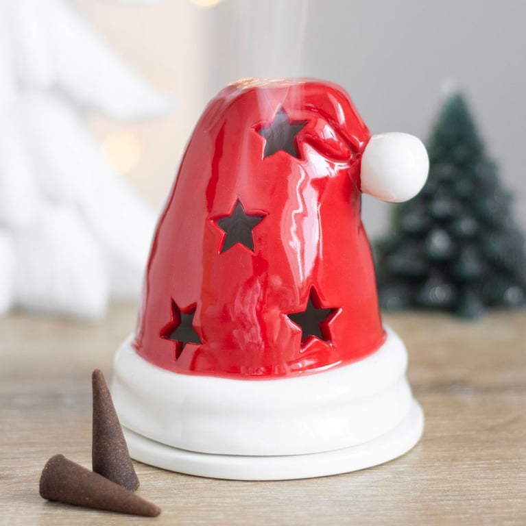 Santa Hat Incense Cone Burner and Tealight Holder - Festive Home Decor with Cut Out Star Design