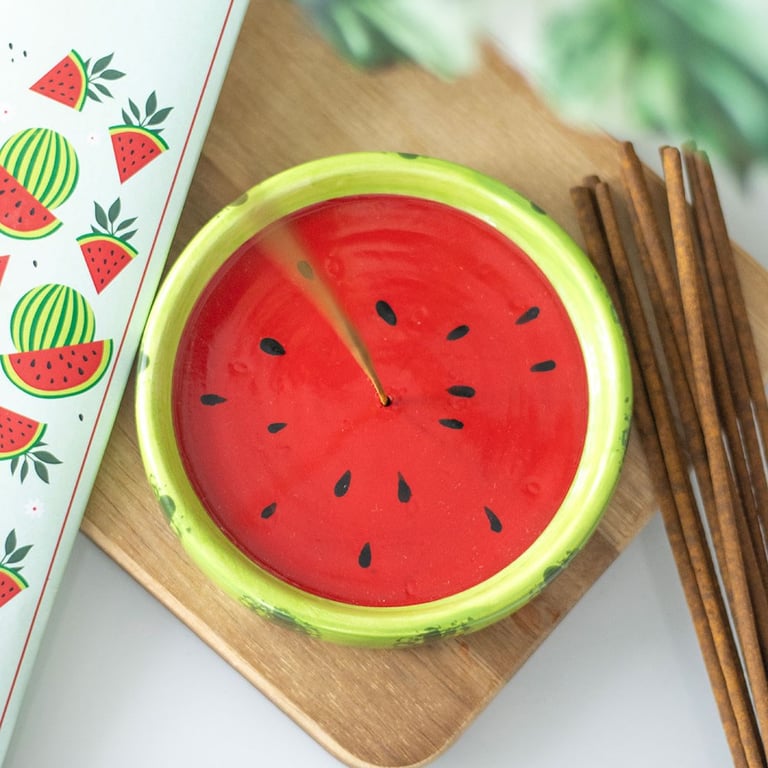 Ceramic Watermelon Incense Holder with Ash Catcher - Home Fragrance Decor