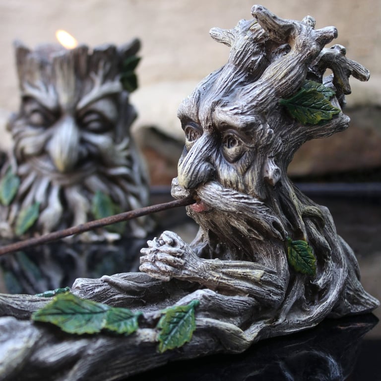 Green Man Incense Stick Holder - Pagan Wood Decor & Home Fragrance Accessory