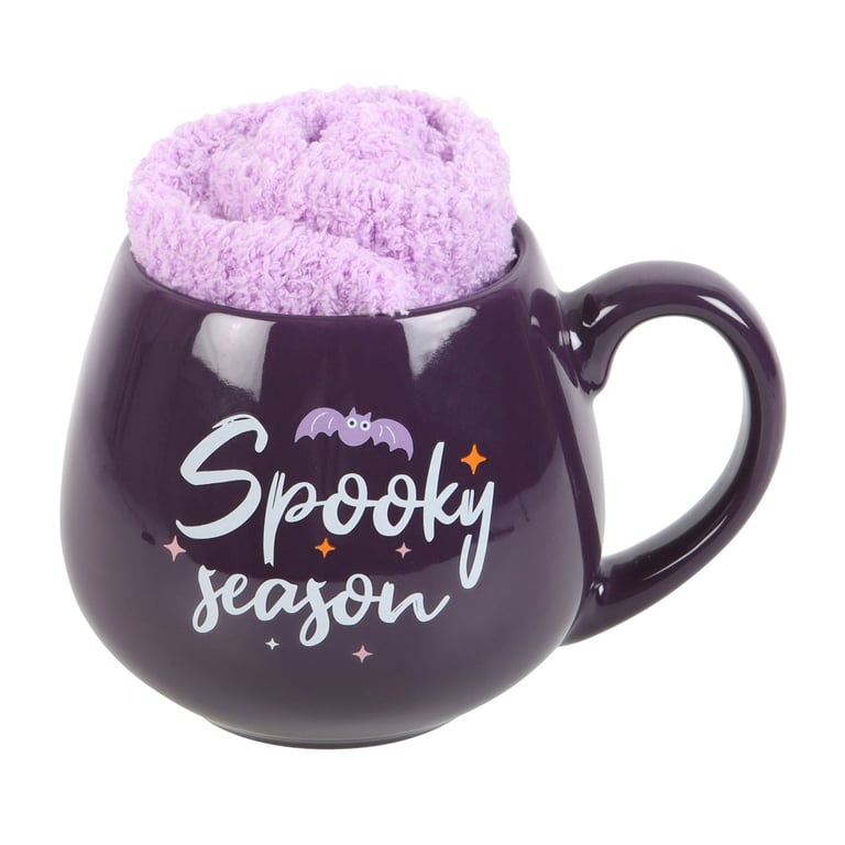 Spooky Season Mug and Socks Set - Pastel Halloween 500ml Ceramic Mug with Cozy Warm Socks for Fall