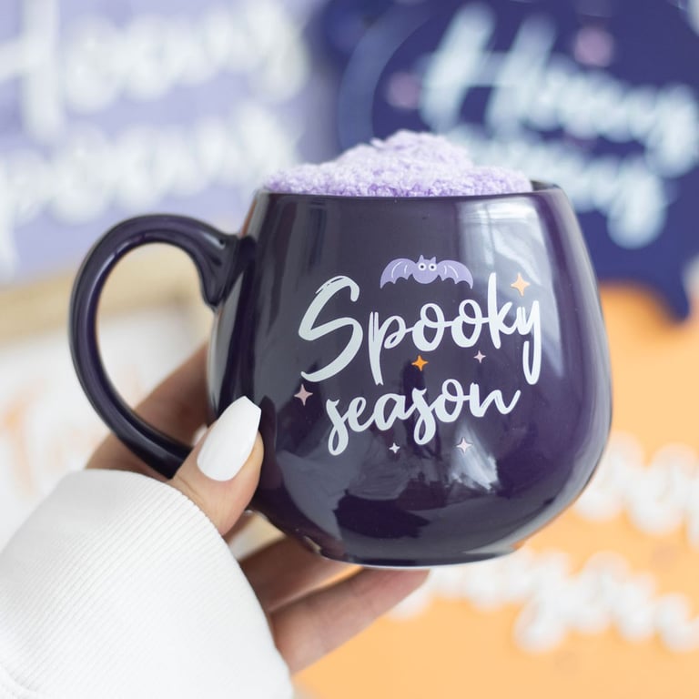 Spooky Season Mug and Socks Set - Pastel Halloween 500ml Ceramic Mug with Cozy Warm Socks for Fall