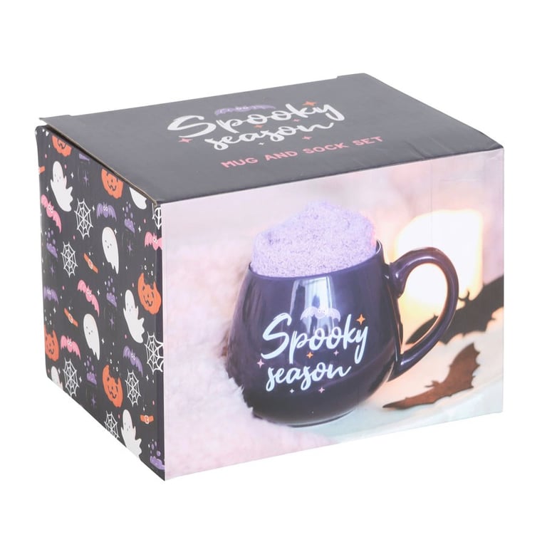 Spooky Season Mug and Socks Set - Pastel Halloween 500ml Ceramic Mug with Cozy Warm Socks for Fall