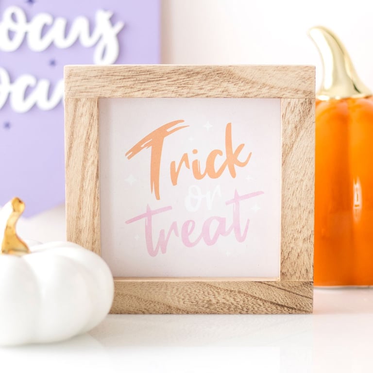 Pink Trick or Treat Wooden Frame Sign - Vibrant Contemporary Halloween Decor