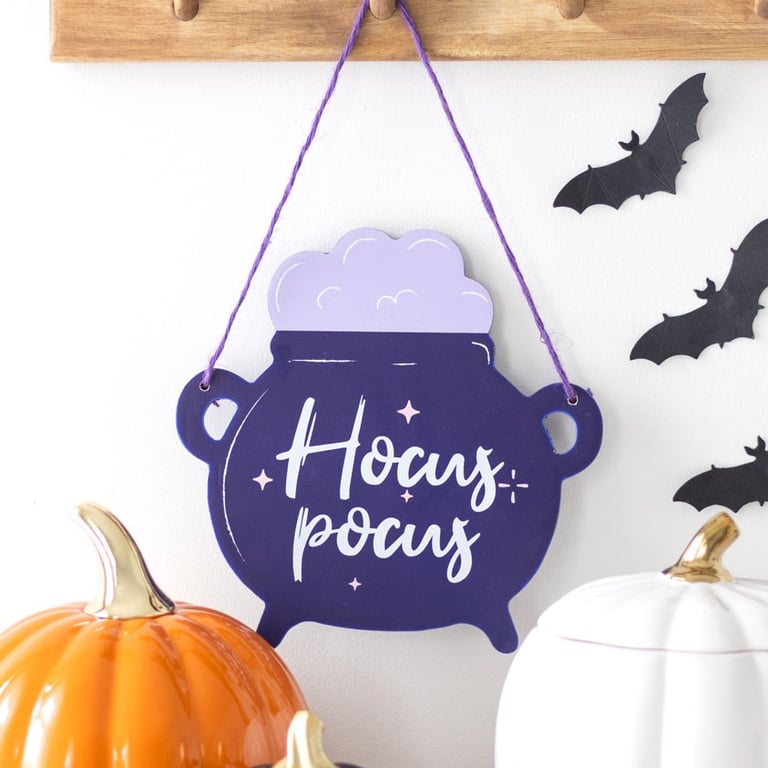 Hocus Pocus Cauldron Shaped Hanging Sign - Modern Halloween Decoration