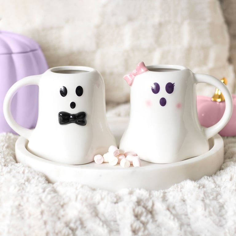 Mr and Mrs Boo Ghost Shaped Mug Set - Elegant Halloween Home Decor for Him & Her
