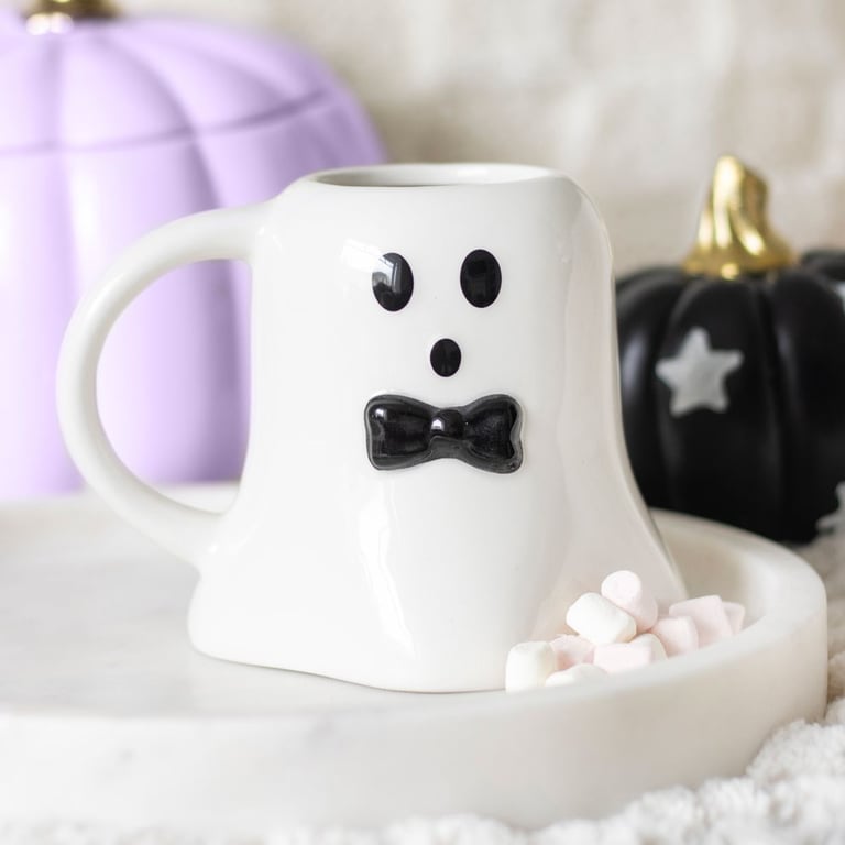 Mr Boo Ghost Shaped Mug with Black Bow Tie - Perfect Halloween Season Decor