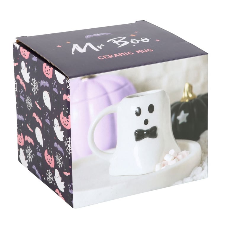 Mr Boo Ghost Shaped Mug with Black Bow Tie - Perfect Halloween Season Decor