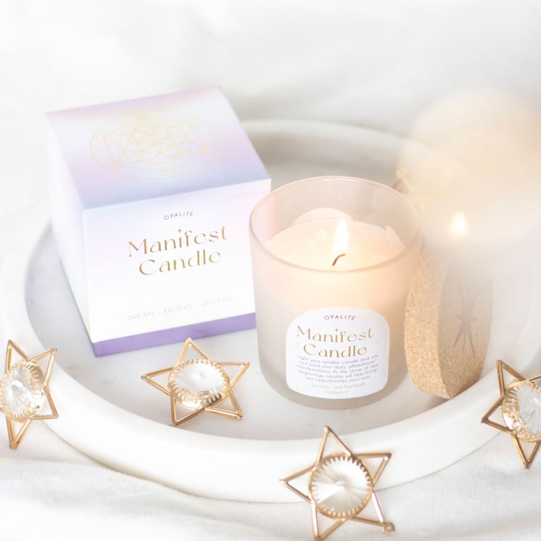 Opalite Lavender & Patchouli Manifestation Candle - Enhance Positive Energy and Relaxation
