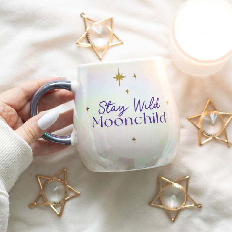 Stay Wild Moon Child Ceramic Mug - Free Spirit Design, 500ml Capacity, Purple Handle