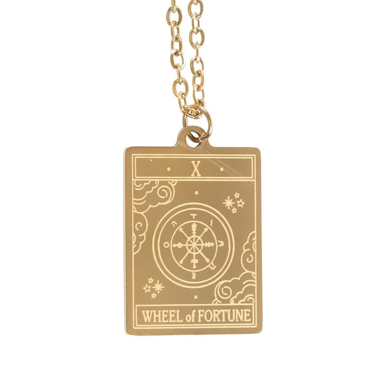 Vintage Wheel of Fortune Tarot Necklace on Greeting Card - Nickel-Free Stainless Steel Gift for Tarot Lovers
