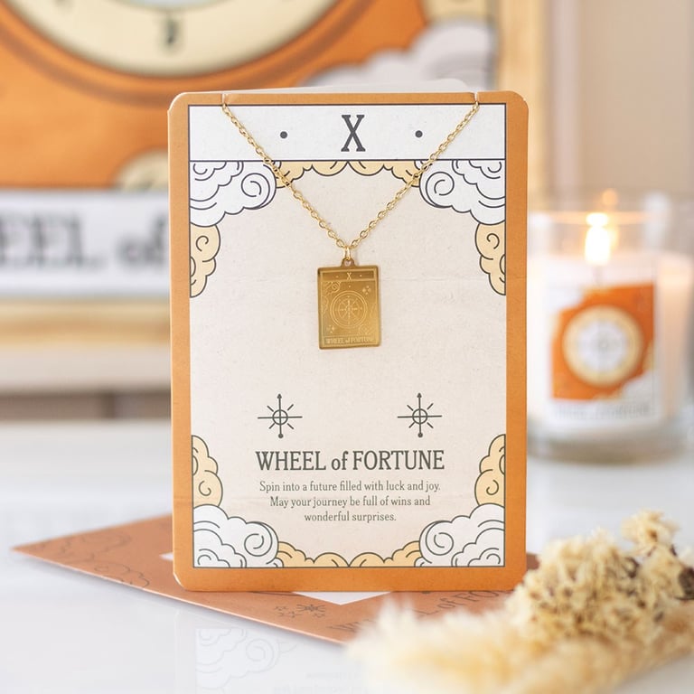 Vintage Wheel of Fortune Tarot Necklace on Greeting Card - Nickel-Free Stainless Steel Gift for Tarot Lovers