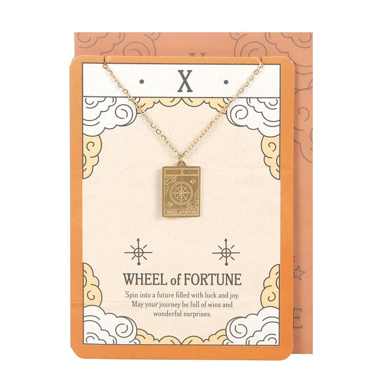Vintage Wheel of Fortune Tarot Necklace on Greeting Card - Nickel-Free Stainless Steel Gift for Tarot Lovers
