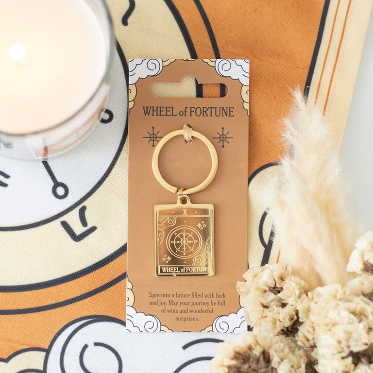 Vintage Tarot Wheel of Fortune Gold-Tone Keyring - Fortune Telling Keychain Gift