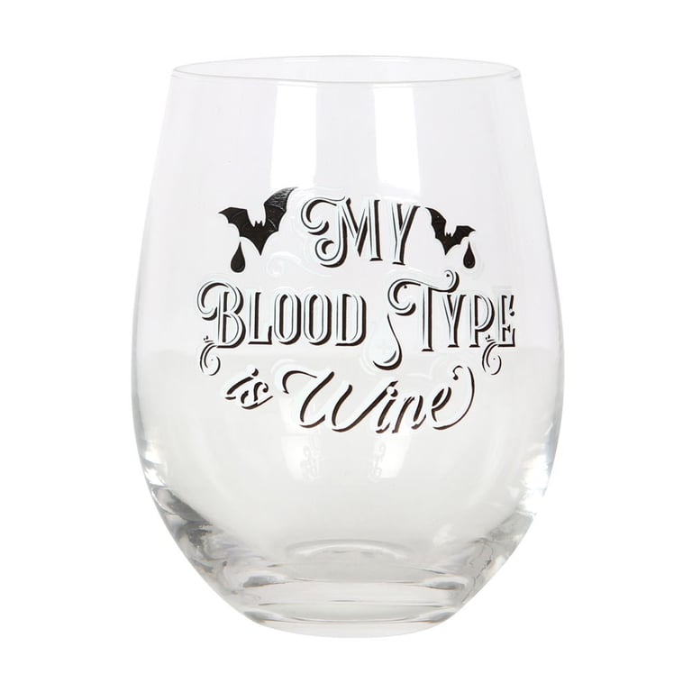 My Blood Type is Wine Stemless Wine Glass - 500ml Capacity, Gothic Design