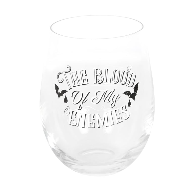 Blood of My Enemies Stemless Wine Glass - 500ml Capacity, Gothic Bat Design, Dark Humor Wine Glass