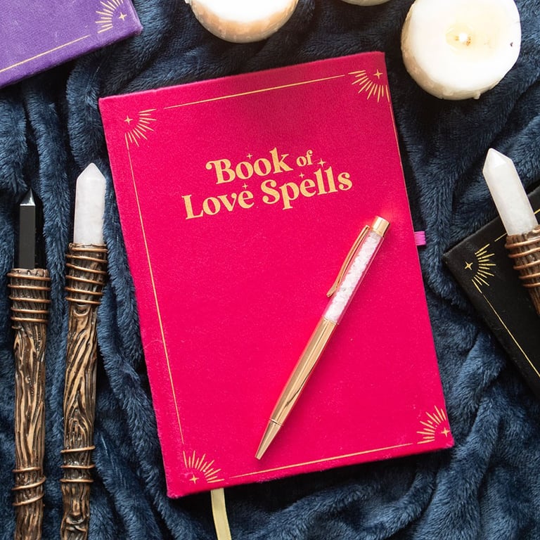 Rose Quartz Crystal Pen Love Spells Journal - 200 Lined Pages, Mystical Pink Journal with Gold Accents