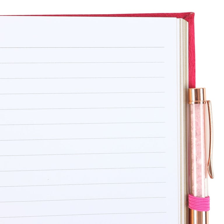 Rose Quartz Crystal Pen Love Spells Journal - 200 Lined Pages, Mystical Pink Journal with Gold Accents