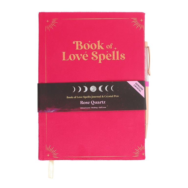 Rose Quartz Crystal Pen Love Spells Journal - 200 Lined Pages, Mystical Pink Journal with Gold Accents