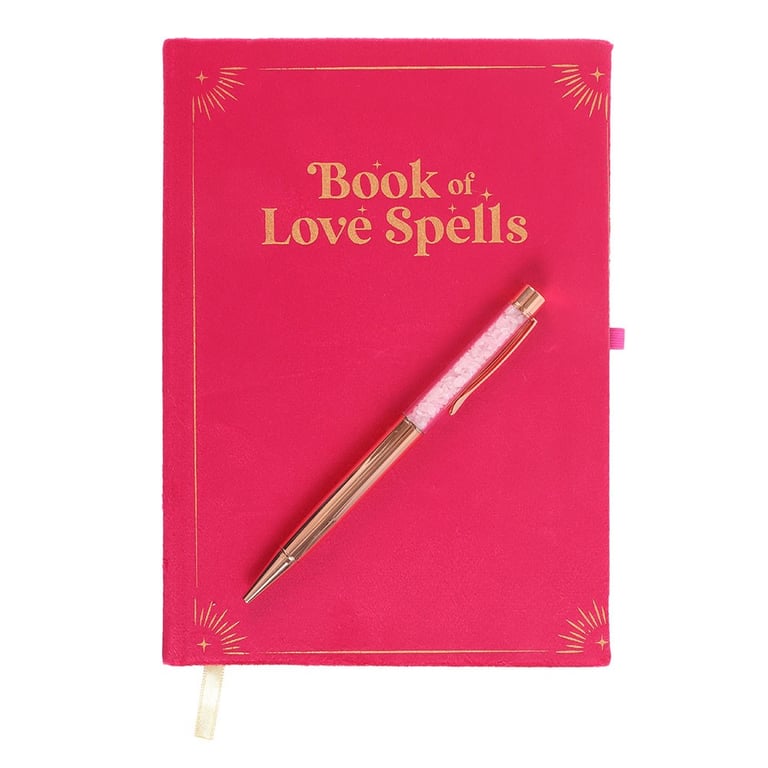 Rose Quartz Crystal Pen Love Spells Journal - 200 Lined Pages, Mystical Pink Journal with Gold Accents