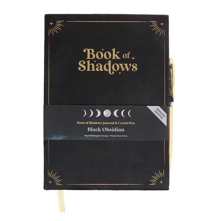 Book of Shadows Journal with Black Obsidian Crystal Pen - Lined Pages & Grounding Properties