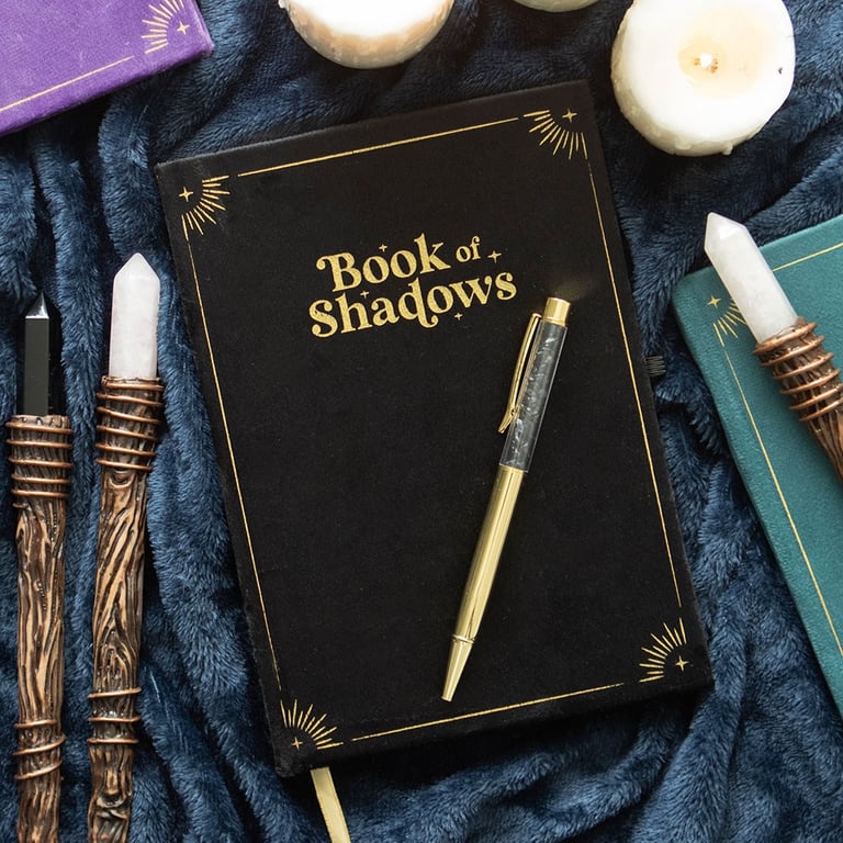 Book of Shadows Journal with Black Obsidian Crystal Pen - Lined Pages & Grounding Properties