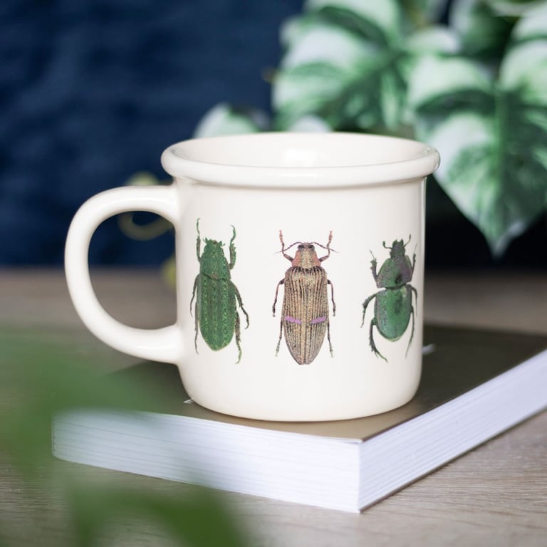 Off White Ceramic Beetle Design Mug - Whimsical Garden Gift
